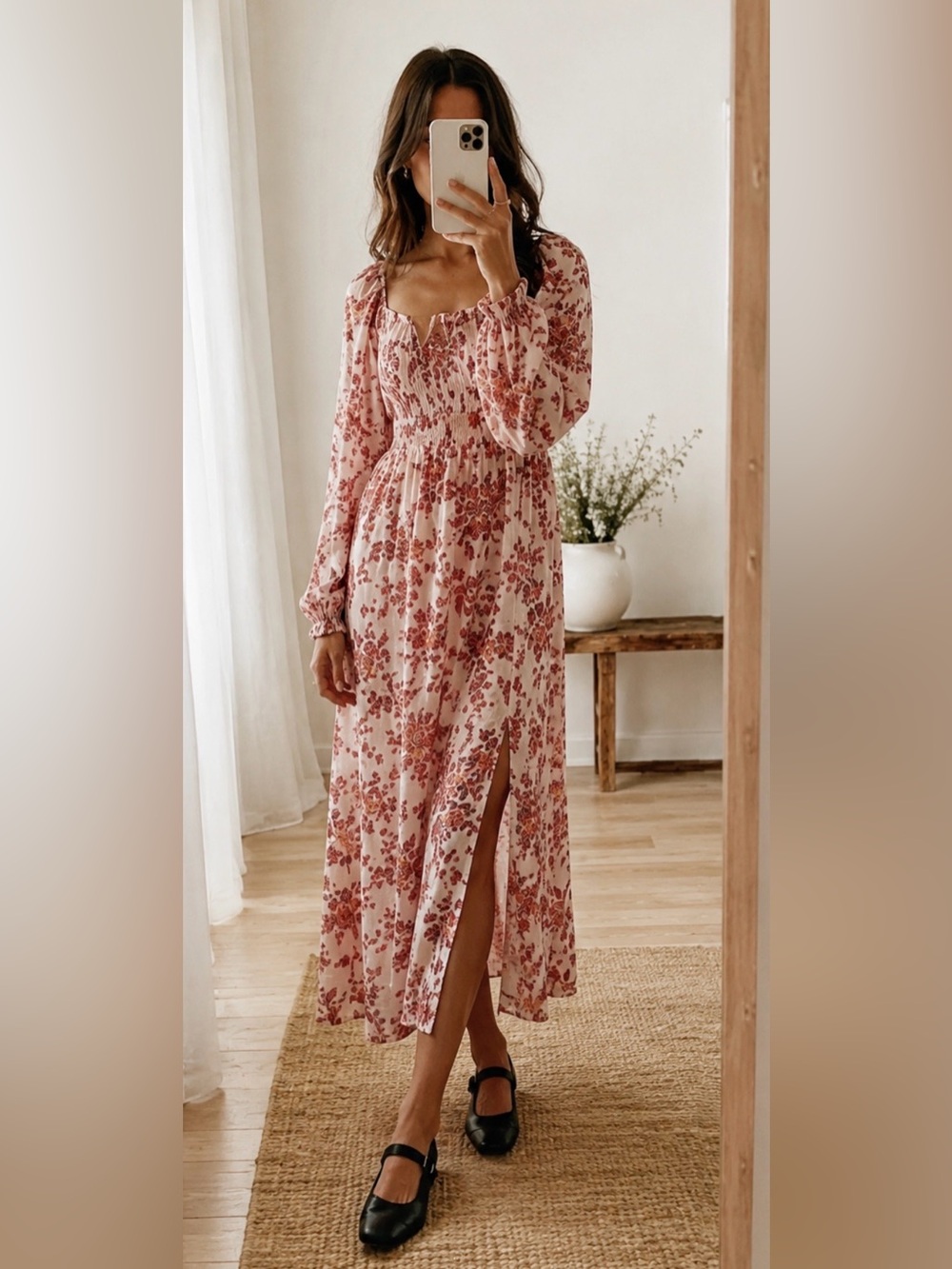 FREE People Jaymes Floral Print Square Neck Long Sleeves Midi Dress Sz M